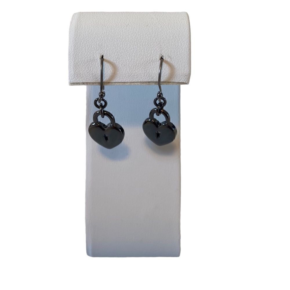 Gun Metal Gray Heart Lock Dangle Earrings.